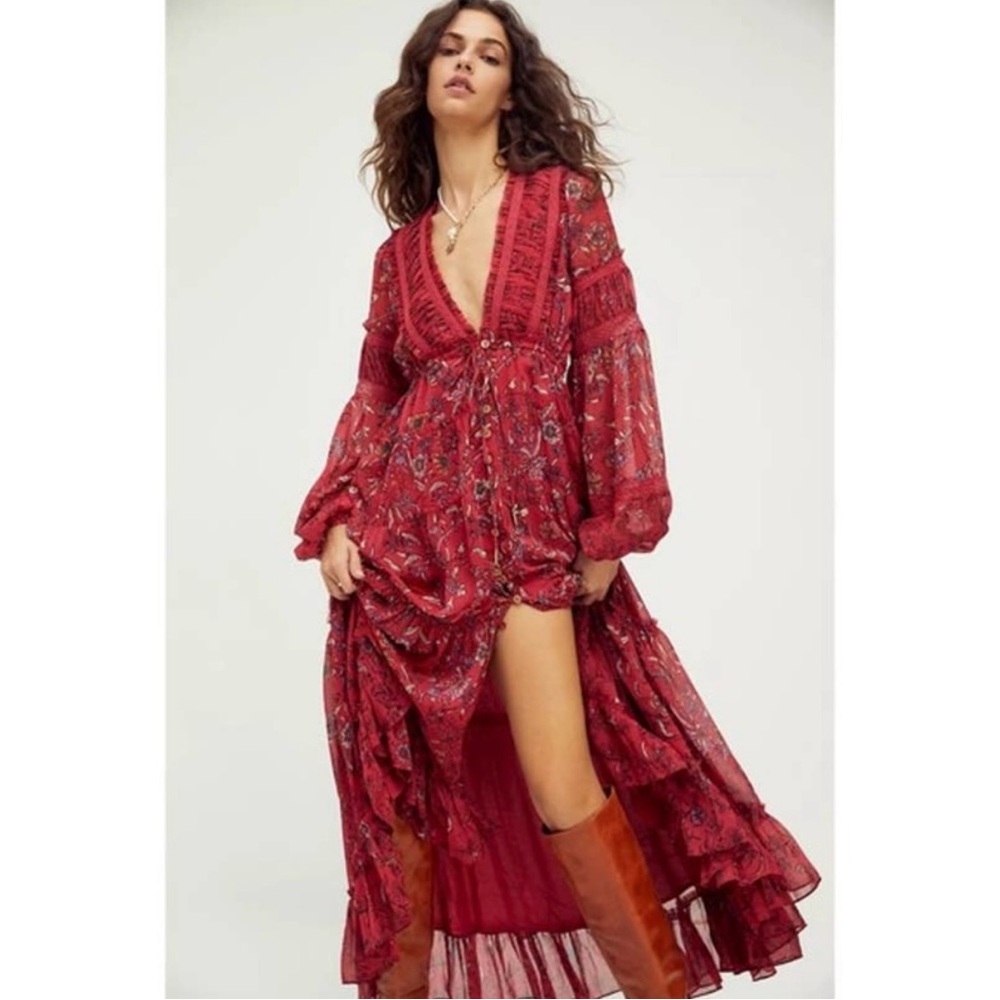 Free People Cassis Printed Chiffon Dress - Red Floral - Size Extra Small XS